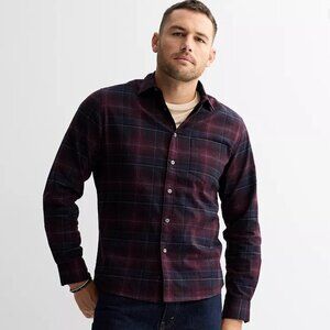 Apt. 9 Men's Stretch Flannel Shirt‎ Medium Burgundy Plaid Slim Fit Button Up